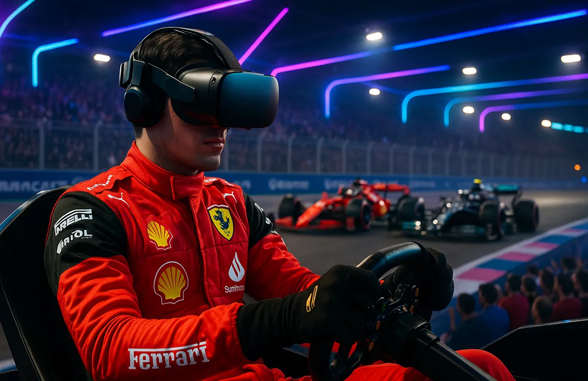 A formula 1 driver driving on a simulator with formula 1 cars in the back