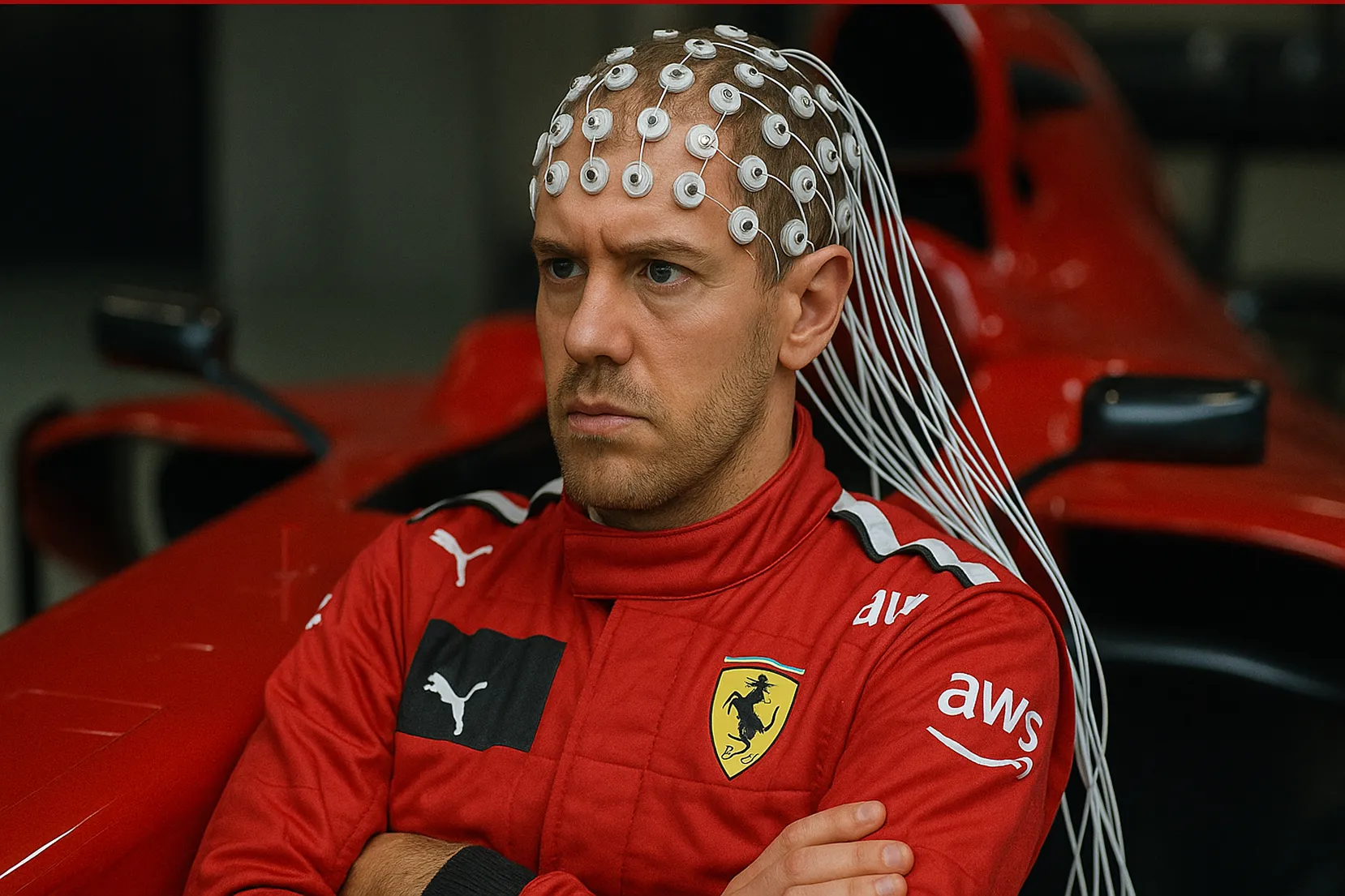 F1 driver with electrodes on his head
