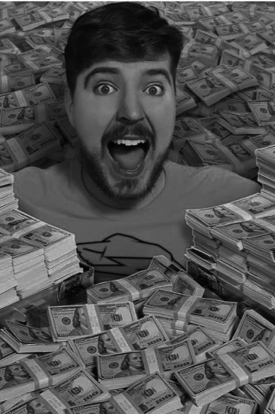 Visage de MrBeast au milieu d'un tas de billets de banque