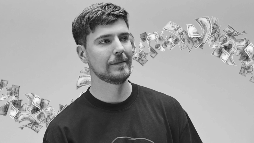 Image de MrBeast avec des billets derrière lui