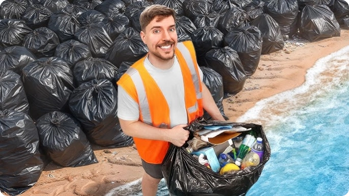 MrBeast qui nettoye une plage.